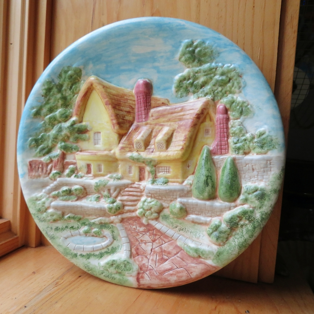 Vintage 70s 3D Ceramic Wall Art Plate Shabby Cottage Decor Decorative Plaque